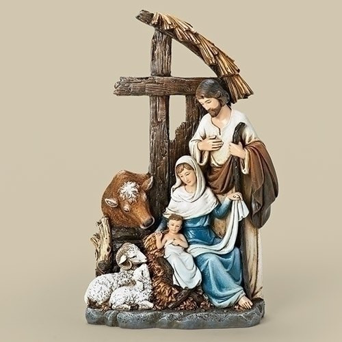 11" Holy Family with Cross Stable Figure.  Dimensions: 11.25"H x  7"W x 3.125"D. Materials: Resin/Wollastonite Powder