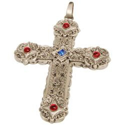 Oxidized Silver Pectoral Cross ~ 3-3/8" x 4-1/2", Oxidized Silver with four red stones and one center blue stone on a 36" rhodium plated chain