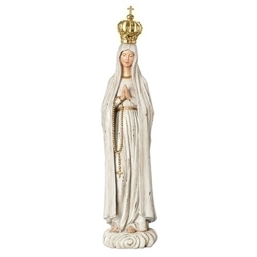 18.25"H Our Lady of Fatima figure. Created in a distressed wood style. Resin/stone mix