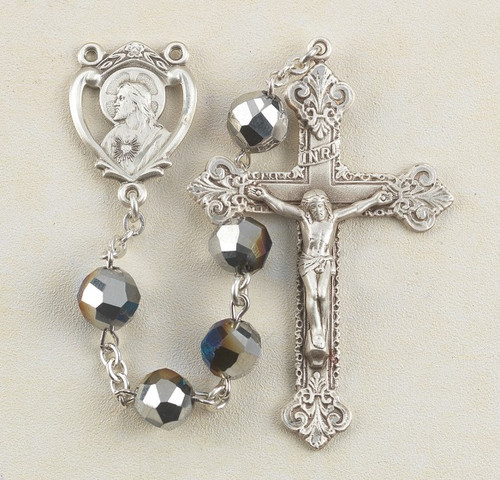 Metallic Silver Tin Cut Crystal Sacred Heart Rosary