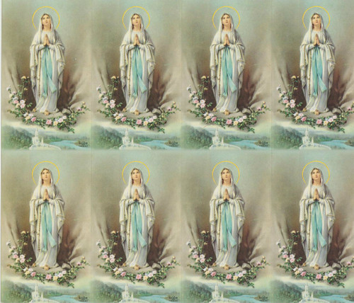 Our Lady of Lourdes personalized Prayer Cards from the Bonella Line. Bonella artwork is known throughout the world for its beautiful renditions of the Christ, Blessed Mother and the Saints. 8 1/2" x 11" sheets with tab that separates into 8- 2 1/2" x 4 1/4" cards that can be personalized and laminated at an additional cost.  ( Price per sheet of 8)