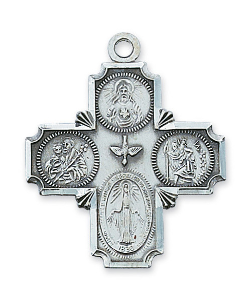 Sterling Silver 4-Way Medal. Comes on a 24" rhodium chain. Gift box included. Dimension: 1.5" long. Made in the USA