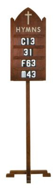 Hymn board with stand. Dimensions: 86" height, 15" width or Wall hanging hymn board. Dimensions: 30" height, 15" width. Includes three sets of numbers. Additional Numbers (0-9) & Letters (A-Z)  that fit boards 4290, 4290T, 4296, 4296T, are available at an additional cost