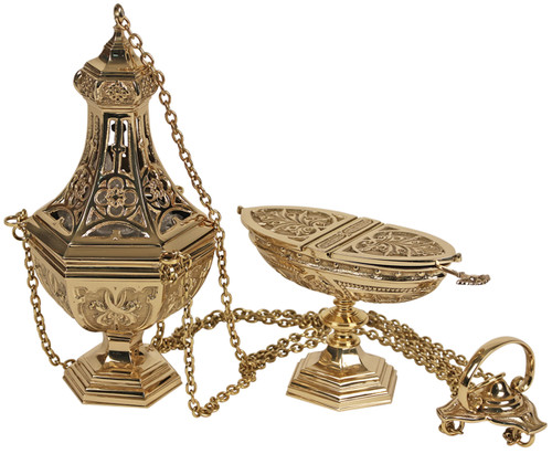Ornate Solid Brass 4-Chain Censer & Incense Boat Set