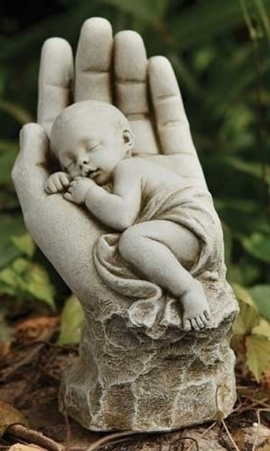 In the Palm of His Hand Garden Statue.  Made of a resin/stone mix. Dimensions: 11.25"H x 5.75"W x 7.5"D