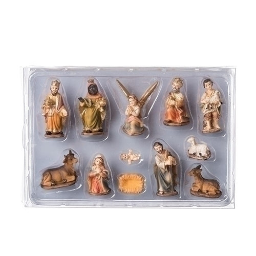 Image of a Nativity set filled with 12 earth-toned figurines that stand two inches tall. 