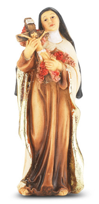 4" St.  Therese Hand Painted Solid Resin Statue with Gold Leaf Trim Accents and Italian Gold Stamped Prayer Card. (Deluxe Window Box)