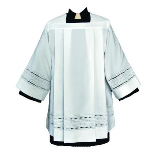 Tailored Priest Surplice. Polyester Poplin with Emb. Eyelet. Wash and wear. Available in sizes: Small, Medium, Large and Extra Large