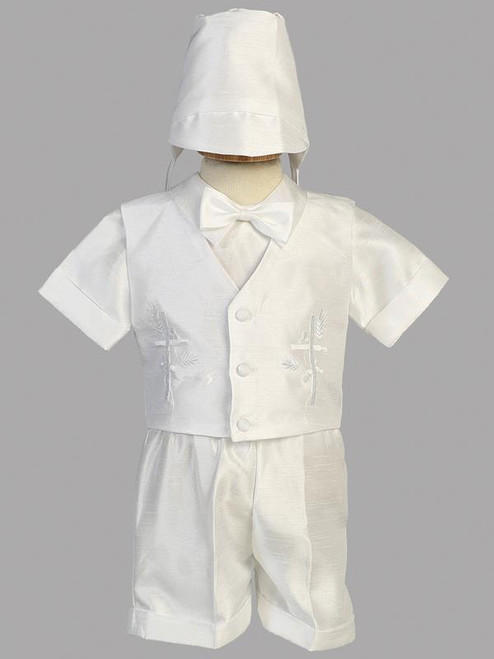 Shantung with embroidered cross on vest and short. Sizes XS  (3-6 mos), S (6-9 mos), M 9-12 mos), L (12-18 mos), XL (18-24 mos), 2T, & 3T. 