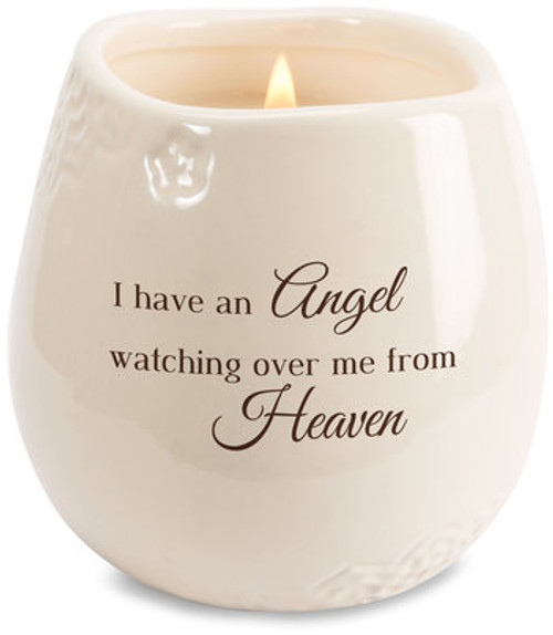 Ceramic vessel holds 8 ounces of 100% soy wax candle. Tranquility Scent. Measures 2.5L x 2.5W x 3.5H x 2.5D
"I have an Angel watching over me from Heaven"