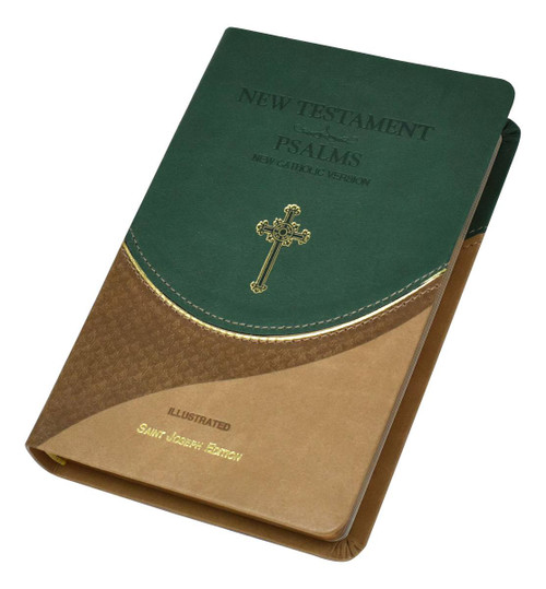 NCV New Testament and Psalms together in one volume. Both texts are complete and therefore their best and most lauded features remain: readability; copius, well-written, and informative footnotes; cross references; photographs; maps; and the words of Christ in RED. This version is in conformity with the translation guidelines and is intended to be used by Catholics for daily prayer and meditation as well as private devotion and group study. 1232 pages. Size 4 3/8 x 6 3/4".  Brown/Green  Dura-Lux covers with gold edging on pages. 
