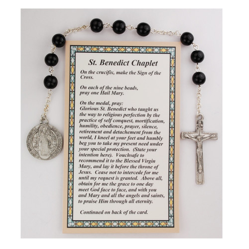 St Benedict Chaplet. Black crystal beads with St. Benedict medal. Comes with a prayer card with how to pray the chaplet. Comes carded. 