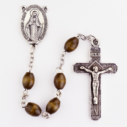 Dark Brown wood bead rosary has a  silver oxidised miraculous medal centerpiece and crucifix. The wood bead rosary comes in a plastic gift box. 