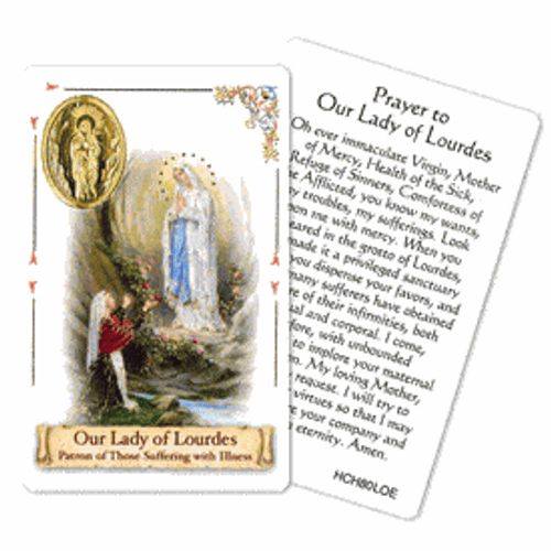 Prayer to Our Lady of Lourdes. This beautiful Our Lady of Lourdes card is laminated with gold foil embossed medal design with appropriate prayer on reverse side. Prayer card is made in Milona, Italy. Measures: 2 3/8 x 3 1/2”.