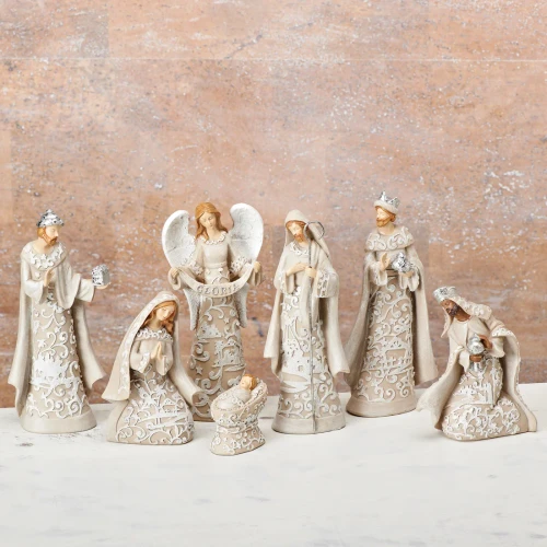 7-Piece Elegant Ivory Nativity Set with Scrollwork Detail 