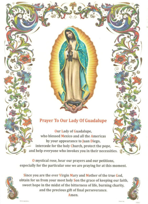 Holy picture of Our Lady of Guadalupe on gold blocking print in parchment paper with text (Prayer ti Our Lady of Guadalupe). Made in Italy. 8"W x 11"H