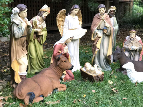 This 12-piece nativity set is perfect for indoor or outdoor use. The pieces are made with fiberglass-resin construction, hand painted, and measure an average of 27 inches. This set includes the holy family, a crib, three wise men, shepherd, angel, donkey, cow, and a sheep. While the set is durable, it is recommended to use a stable or cover for outdoor use. This is the perfect nativity set for your church.