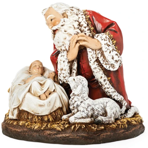 Kneeling Santa With Sleeping Baby Jesus Figurine - 8"