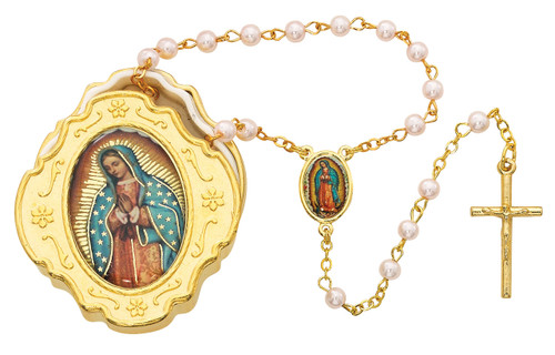 Gold Guadalupe Rosary Box with Pink Pearl Beaded Rosary 