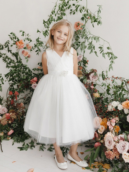 Communion Dress - Glitter Tulle V-Neck Tulle with Rhinestone Brooch