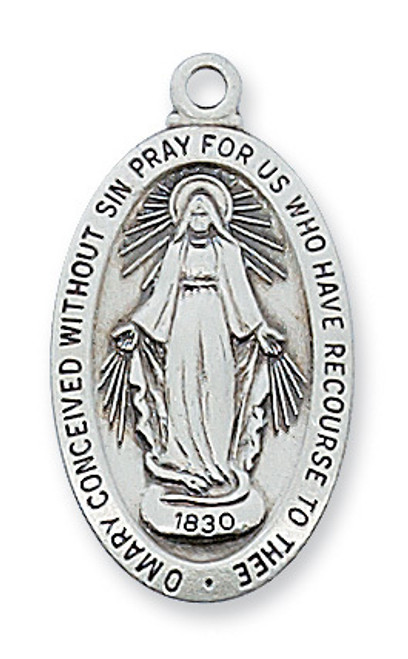 1" x  9/16"  Sterling Silver Miraculous Medal. Medal comes on an 18" rhodium  chain. Miraculous Medal comes in a deluxe gift box. 