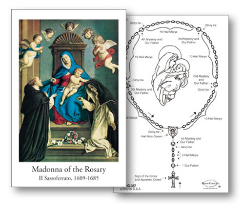 How to Prayer the Rosary holy card measures 2 3/4" x 4 1/4". Small enough to fit in a wallet or purse for personal use.  Instructions preprinted on back. Bulk pricing available.