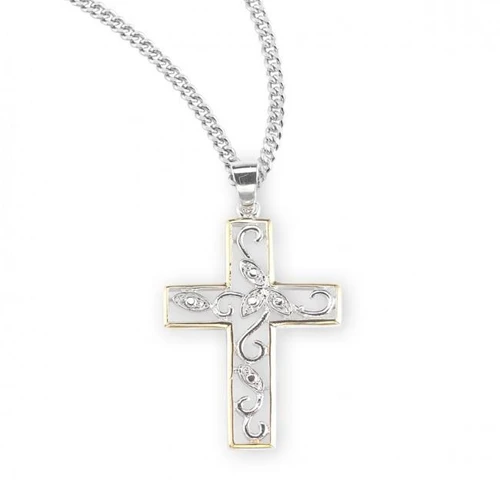 Crystal Cubic Zircon Sterling Silver Two Tone Vine Cross.    18" Genuine rhodium plated curb chain.  Made in USA.  Deluxe velvet gift box.