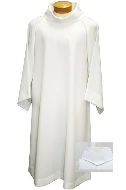 Euro-Style Altar Server Alb. Pure White, 100% Easy Care Polyester-Linen Weave Monks Cloth, No wrinkle, pure white. Lined and interlined stand-up collar with capuche