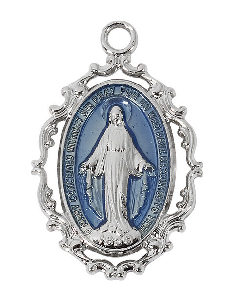 Sterling Silver or Gold-over Sterling Silver Scalloped Blue Enamel Miraculous Medal - 18" Chain