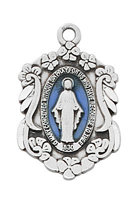 Sterling Silver Blue Enamel Miraculous Medal with Scalloped Detailing - 18" Chain