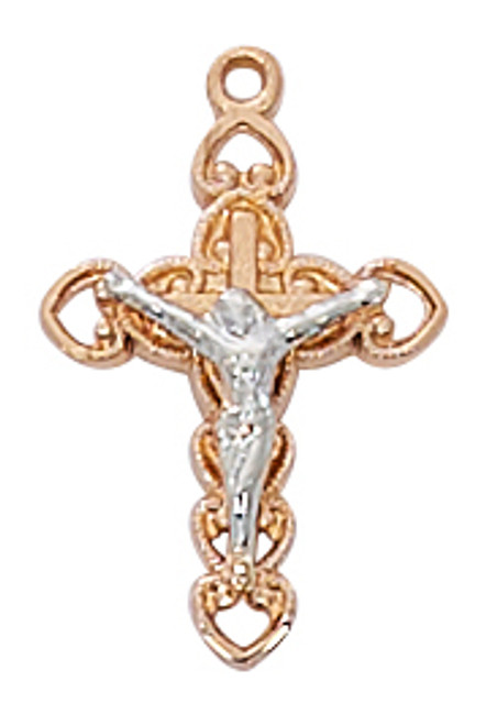Rose Gold Sterling Silver Two tone Crucifix. Two tone rose gold crucifix comes on an 18" chain. Gift box included. Made in the USA