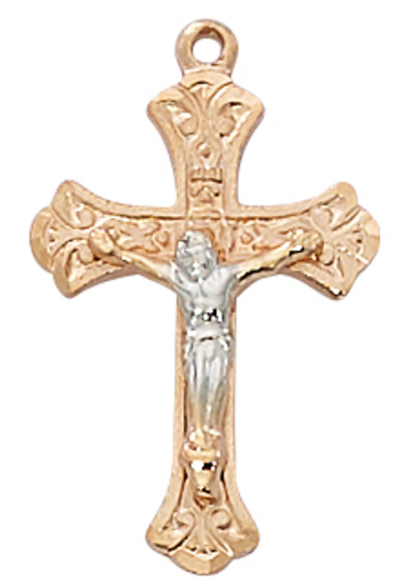 Rose Gold Sterling Silver two tone Crucifix with silver corpus. Two tone rose gold crucifix comes on an 18" chain. Gift box included. Made in the USA