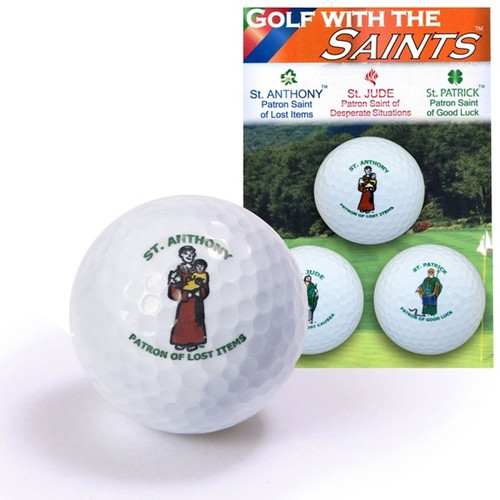 Golf with the Saints:  for those who need the help of all three saints; whose outings frequently result in futile hunts for missing balls; for those who despair of ever improving their game; and for those who just need a little luck, these Saints Golf Balls offer a reminder that prayer can help!
St. Anthony of Padua is invoked by millions as the finder of lost objects – who better to call on when your ball goes astray?
St. Jude is known as the patron saint of desperate situations and lost causes – does it seem you just can't avoid the hazards? Ask St. Jude for help.
St. Patrick is the patron saint of Ireland – may the luck of the Irish help your ball find the green!