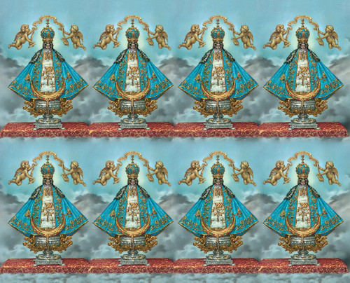 Virgin of San Juan Prayer Cards from the Bonella Line. Bonella artwork is known throughout the world for its beautiful renditions of the Christ, Blessed Mother and the Saints. 8 1/2" x 11" sheets with tab that separates into 8- 2 1/2" x 4 1/4" cards.  No charge for personalization.  Can be laminated at an additional cost.  ( Price per sheet of 8) Imported from Italy