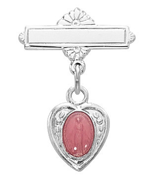 Blue or Pink Enameled Miraculous Medal Heart Bar Pin 