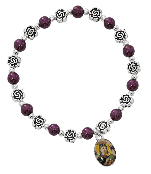 Our Lady of Perpetual Help Stretch Bracelet. 6MM burgundy pearl beads with silver oxidised components. 