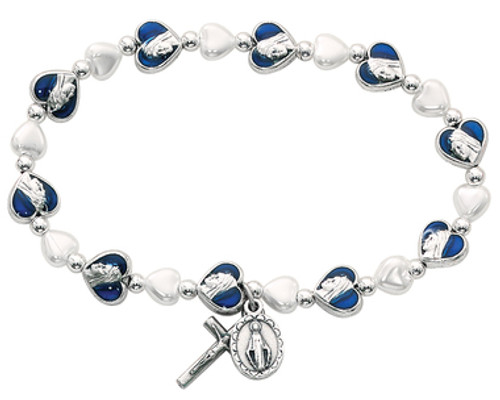 Adult Bracelet alternates blue enamel heart beads and white heart pearl glass beads.  Silver oxidised miraculous medal and crucifix.