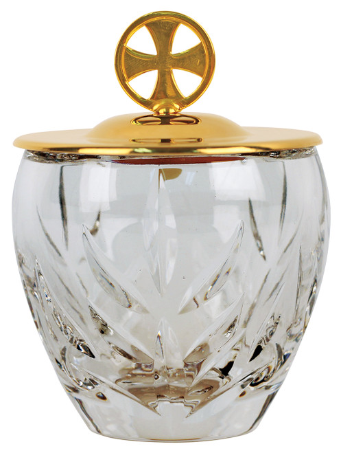 Ablution Cup. Or for the distribution of ashes. 24k gold plated cross and cover with crystal bowl. 4-3/8"H., 6 oz. cap.