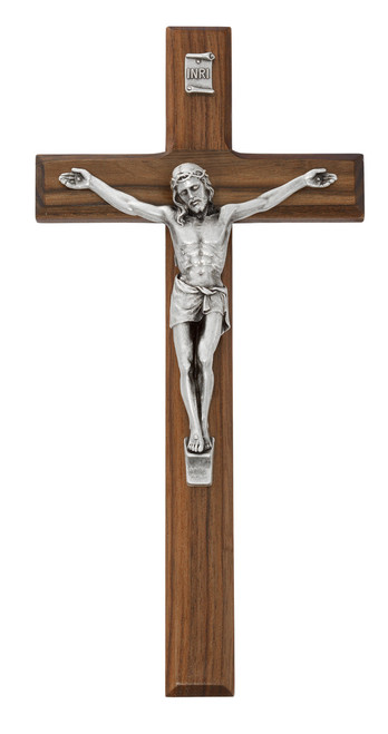 Beveled Walnut Wall Crucifix with Silver Corpus - 10"