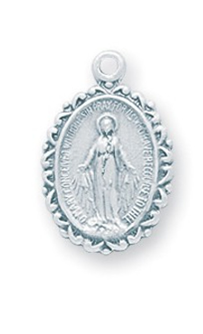 Double Sided Miraculous Medal. Miraculous Medal is sterling silver with an 18" genuine rhodium plated curb chain. Dimensions: 0.7" x 0.4" (17mm x 11mm). Weight of medal: 1.0  grams. Available in Sterling Silver, Blue or Pink enameled medal. Presents in a deluxe velvet gift box. Made in the USA