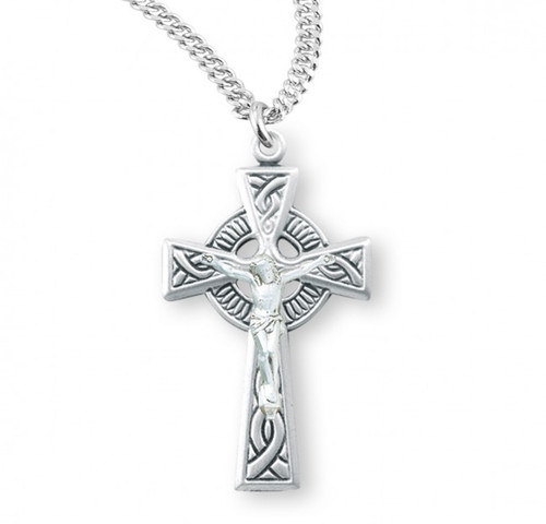 Sterling Silver Celtic Crucifix Pendant. Sterling silver celtic crucifix pendant comes on a 20" genuine rhodium plated endless curb chain. Dimensions: 1.2" x 0.7" (31mm x 18mm). Weight of medal: 2.8 Grams. Made in USA. Celtic Cross Crucifice Pendant comes in a deluxe velvet gift box.