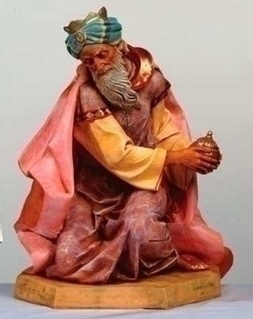 Fontanini Nativity Kneeling King Gaspar figure. Marble Based Resin. Measures:  21"H x 18.5"W x 13"D / 27"SCALE