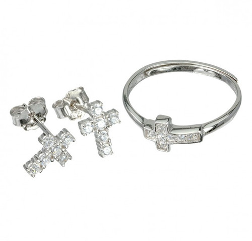 Sterling silver cubic zirconia cross earrings and sterling silver adjustable cubic zirconia cross ring. Earring and Ring Set come in a deluxe gift box. 