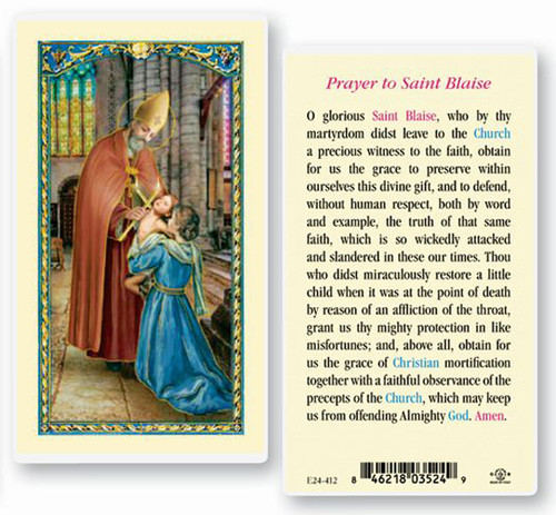 Prayer to St Blaise Laminated Holy Card, Patron of Throat Diseases