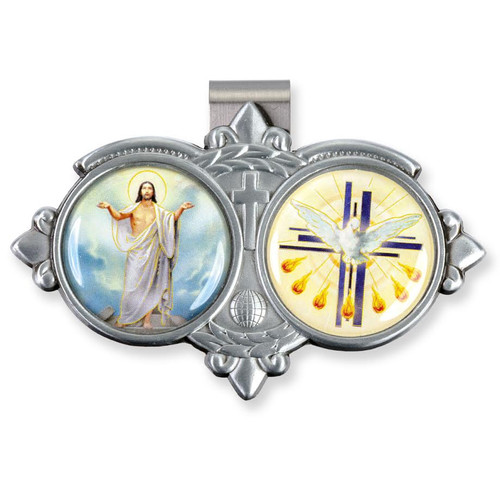 Auto Visor Clip. Pewter Auto Visor Clip depicts the images of the Risen Christ and the Holy Spirit.  Measures: 3 x  1 3/4.