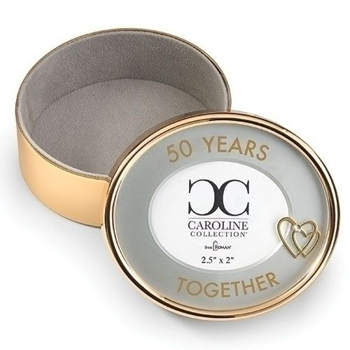 Gold - 50 Years Togther 2.5" Round Photo Box.  The 50 Years Togther Round Photo Box is 2.5"R by 2"H. The Photo Box is made of a zinc alloy and is lead free. A perfect gift for the anniversary couple!!