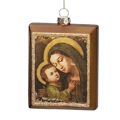 Oil Painting Look Mary and Jesus Hanging Ornament.  Meaurements are 4.25"H 1.25"W 3"L. 