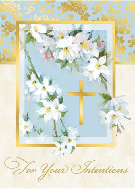 For Your Intentions Mass Card  (For Church Use Only)
4 7/8'' x 6 3/4'' 50 per box
(Gold Foil)
Inside Verse:
The Holy Sacrifice of the Mass
will be offered for
the intentions of _______
Rev_______ (right side)
Cross (graphic)
At the request of _____ (left side)