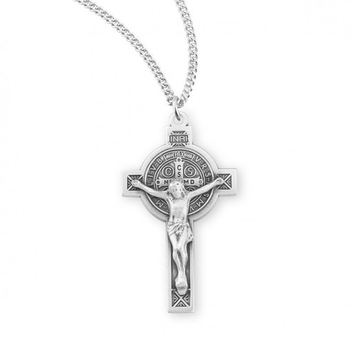 Sterling Silver St. Benedict Scapular Crucifix Medal.  The St. Benedict Medal comes with a genuine rhodium plated 18" chain in a deluxe velour giftbox.  Dimensions:1.3" x 1.0" (33mm x 26mm). Made in the USA