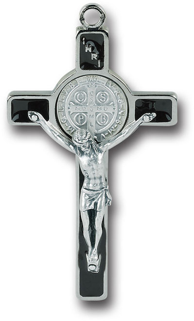 Black Epoxy St. Benedict CrucifixPendant.  3" Epoxy Saint Benedict Cross with Antique Silver Corpus. Leaflet included Made in the USA